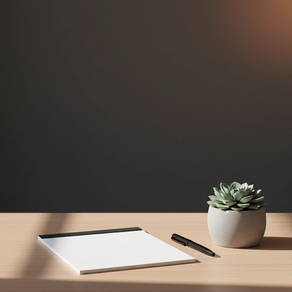 A tidy desk with a notepad, pen and a small potted plant on a light wooden surface
