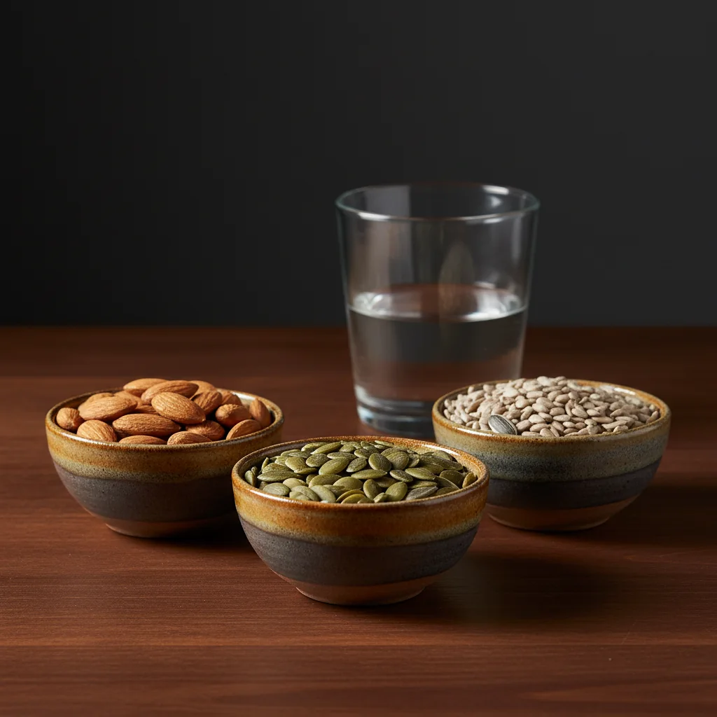 Almonds, pumpkin seeds and sunflower seeds in ceramic bowls on a wooden surface - magnesium-rich foods