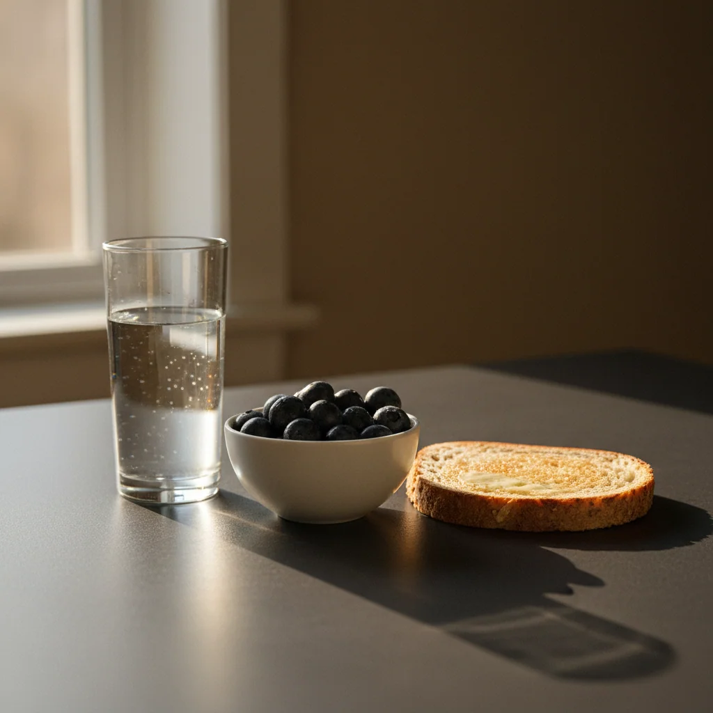 A glass of water and healthy breakfast on a bright kitchen table with morning light streaming in