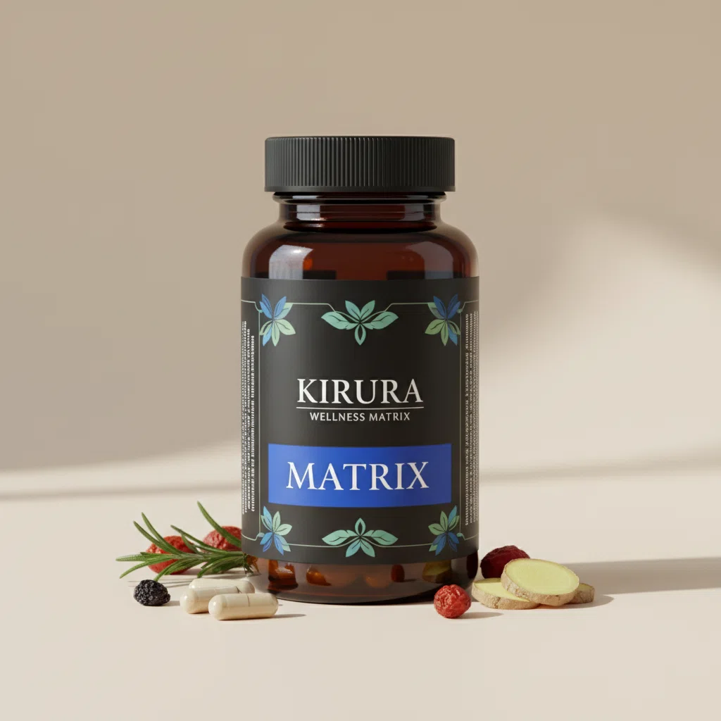 Kirura Wellness Matrix white supplement bottle with label on a clean studio surface